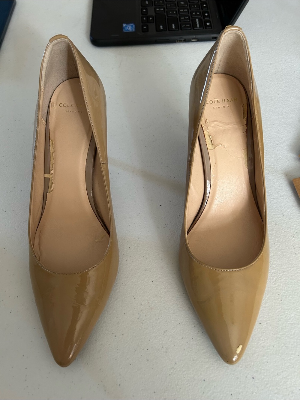 Cole Haan Patent Leather Tan Pointed-Toe Pumps